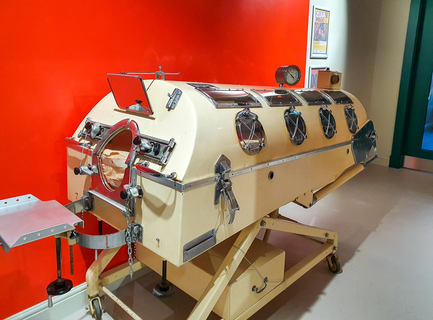 An old-fashioned iron lung for those suffering from polio during a visit to the Thackray Museum of medicine with kids