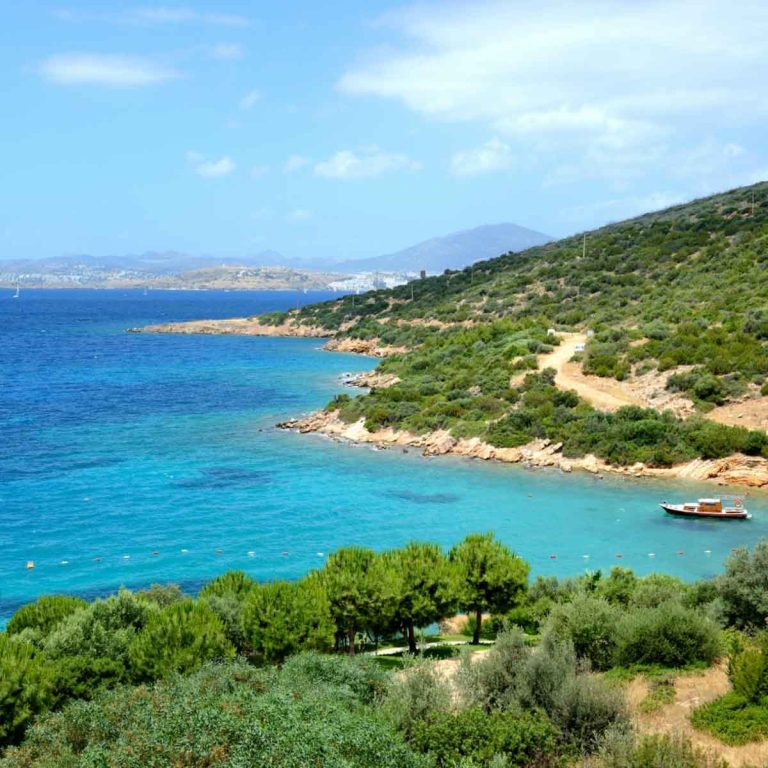 View down onto the turquoise sea and beach near Bodrum - things to do in Bodrum with kids