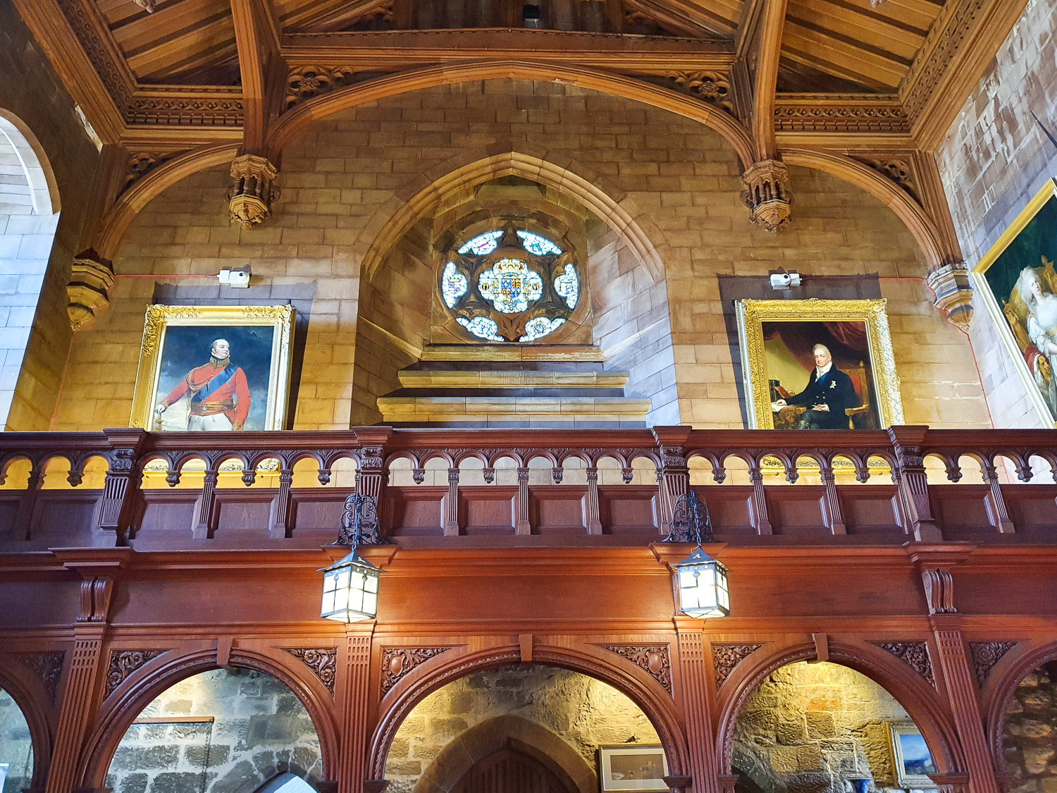 View up to the minstrel's gallery in Bamburgh Castle, Northumberland, during a family day out