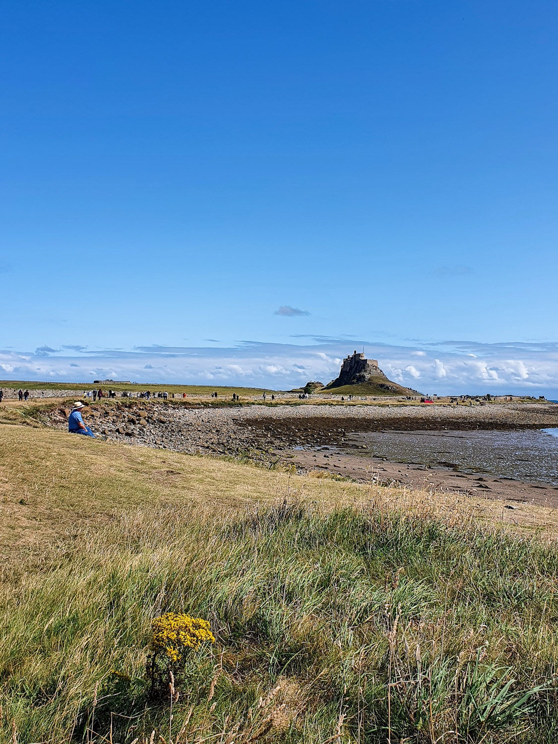View from the path at the approach to Linsdisfarne castle on the horizon of Holy Island, Northumberland - one of the things to do with kids on Lindisfarne