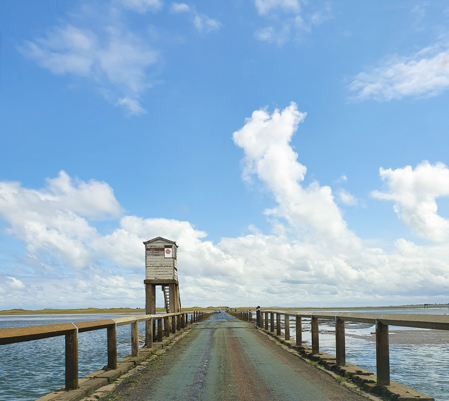 The refuge hut on the causeway to Lindisfarne, taken at low tide - the start of a day trip to Lindisfarne with kids