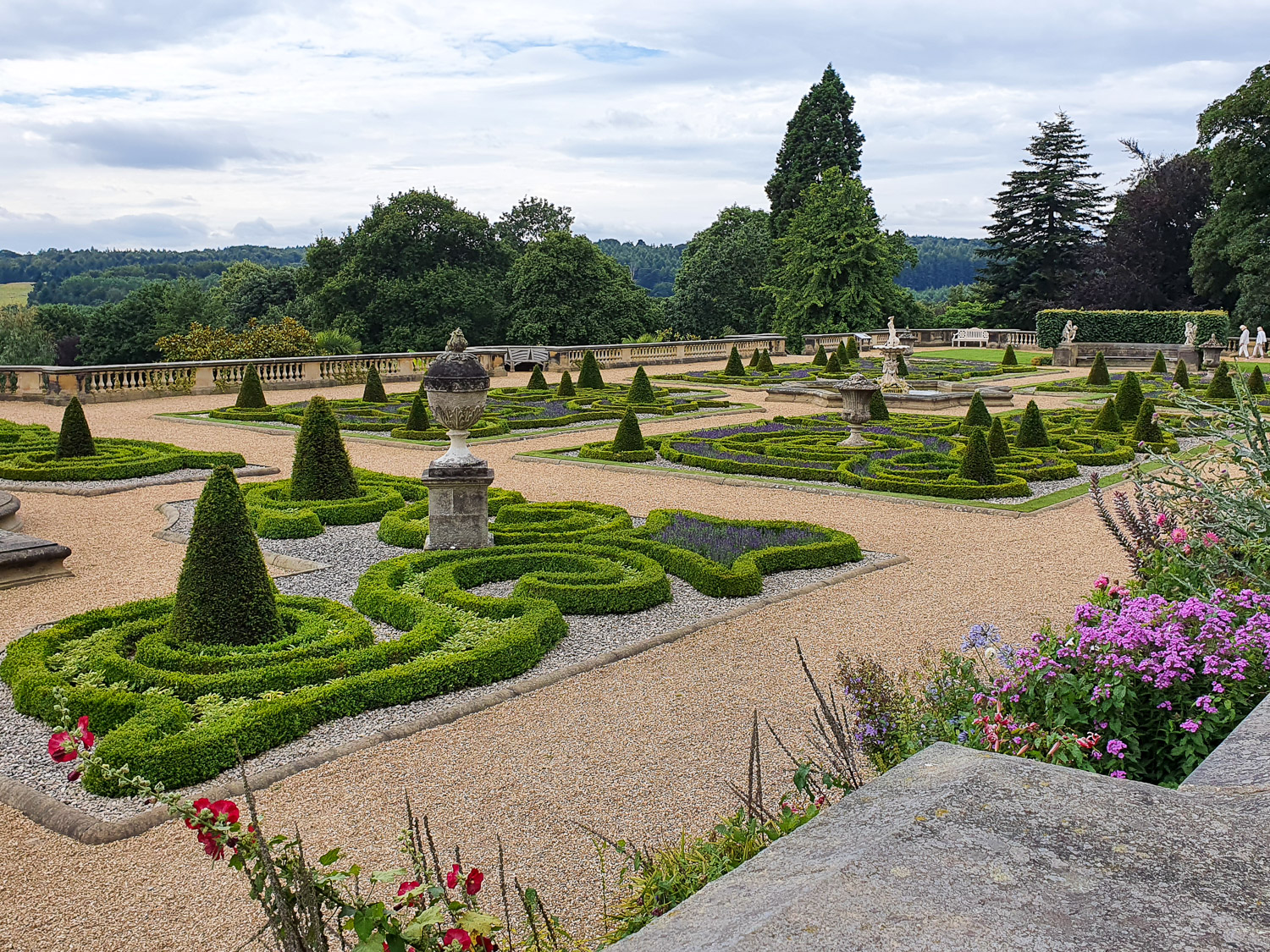 View towards the formal gardens from the terrace at Harewood House with the grounds beyond - a day out from Leeds with kids