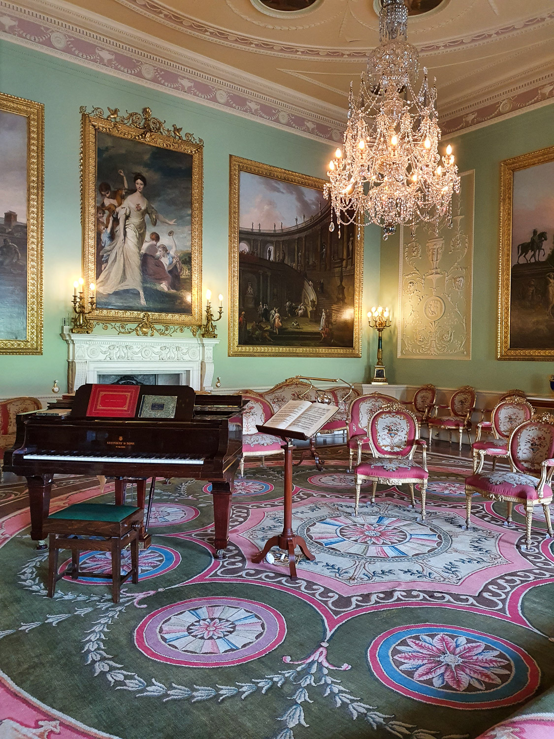 View of the music room at Harewood House during a family holiday in Yorkshire