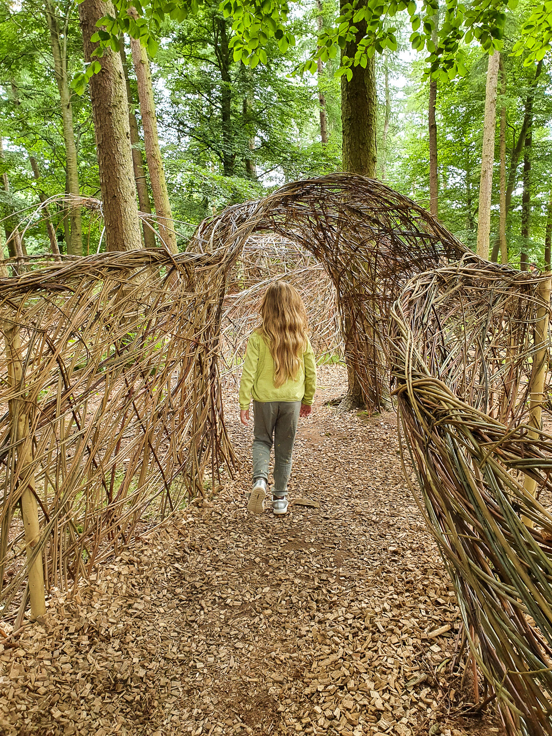 My daughter walks into the willow maze in the natural playground at Harewood House, Leeds