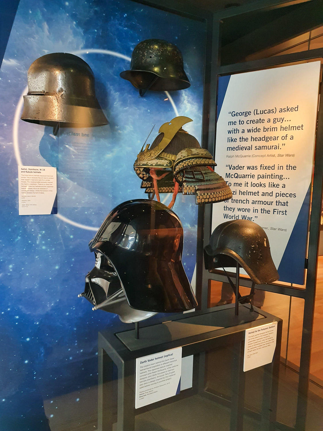 Collection of helmets used to inspire Darth Vader's helmet, including from medieval Japan and the First World War - my review of a family day out at the Royal Armouries