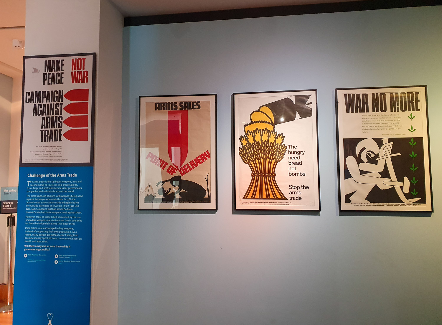 Anti-war signs from the 20th century protesting about bombs and war at the Royal Armouries in Leeds