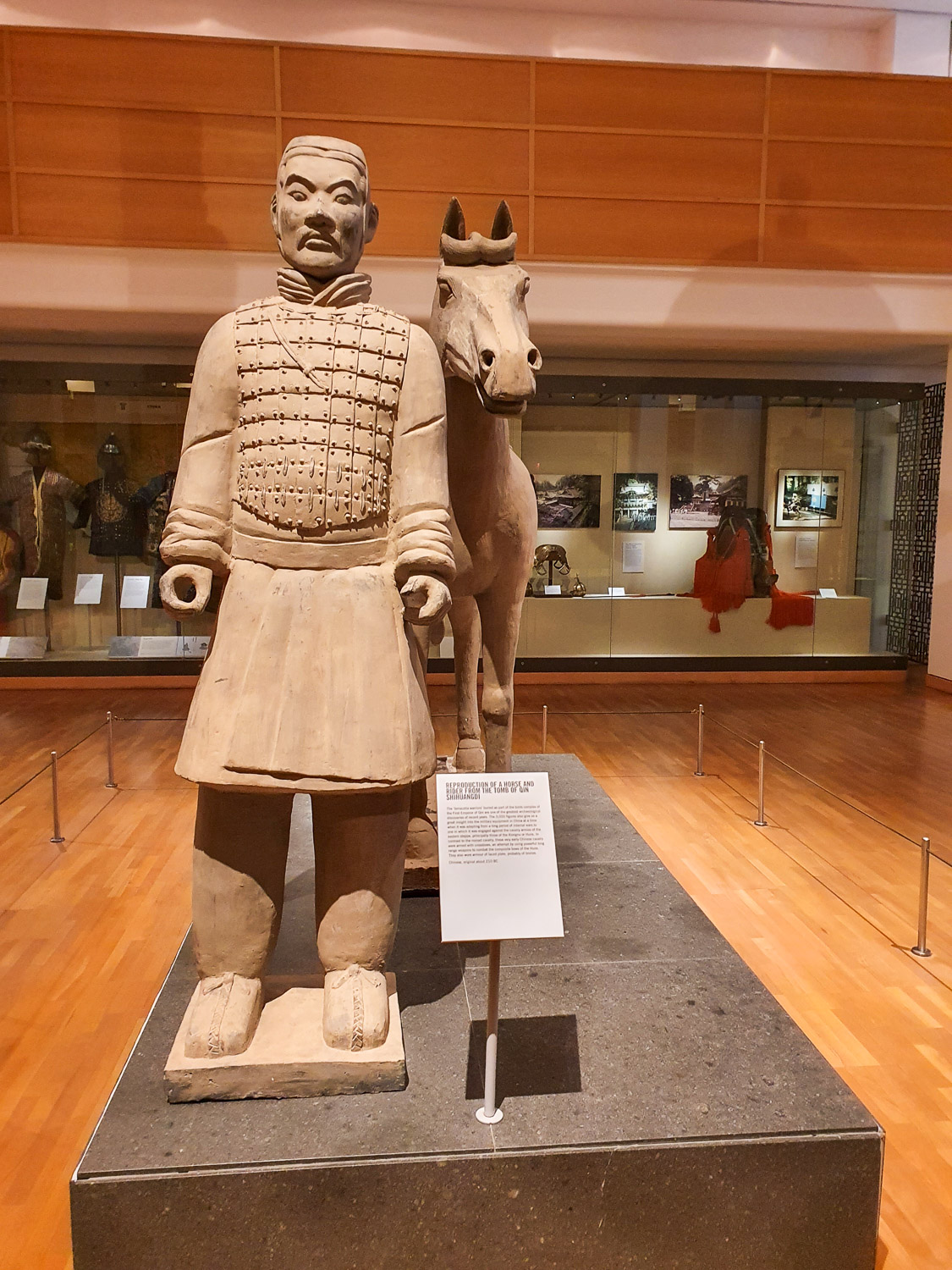 Replica terracotta warrior and horse in the Oriental gallery during a visit to the Royal Armouries with kids