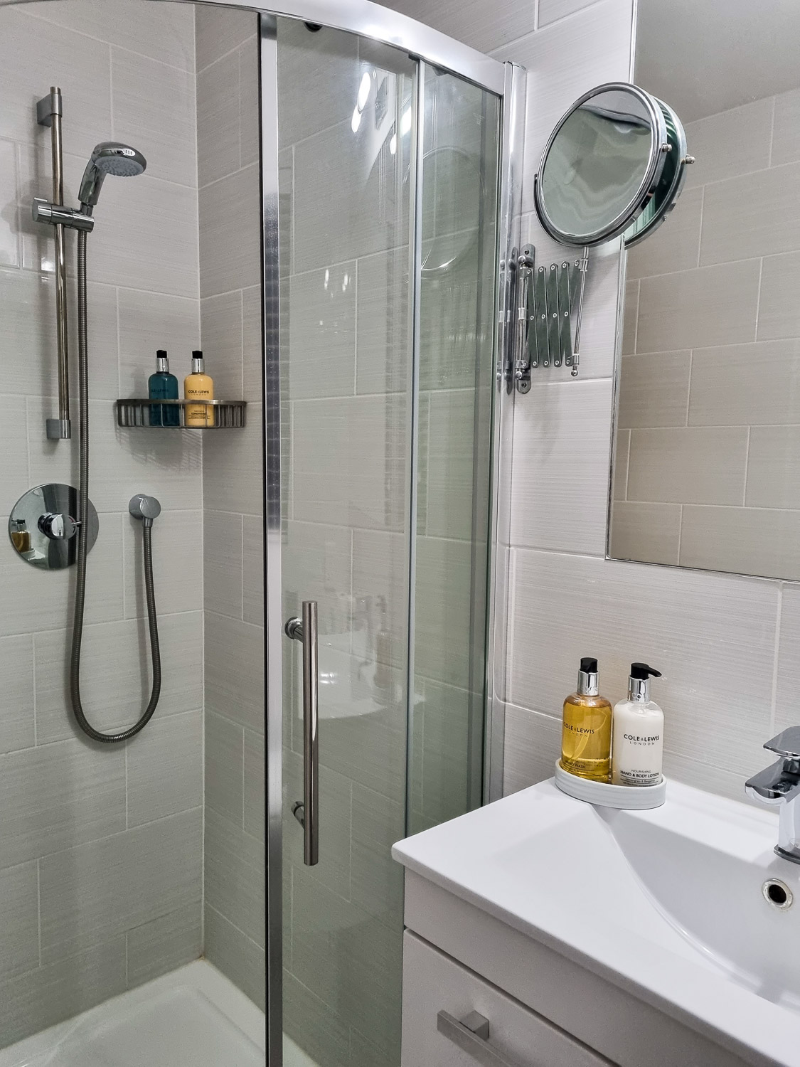 Shower and sink with Cole & Lewis toiletries in the penthouse at the Beachcroft hotel Felpham - my review of a stay at the Sussex hotel with kids