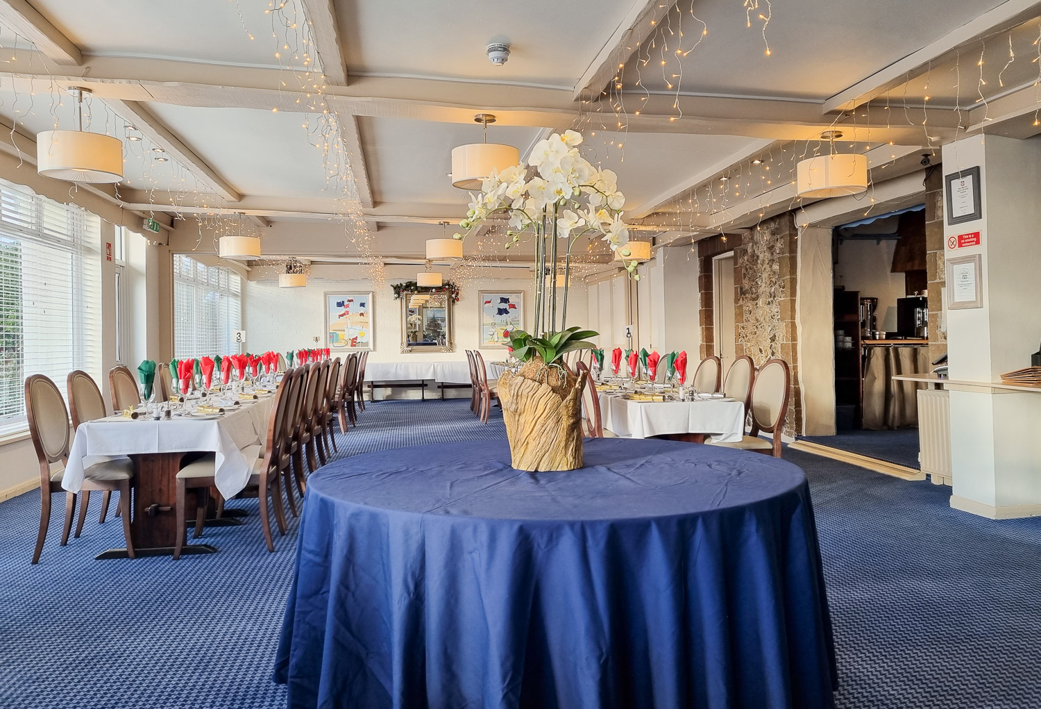 View of the restaurant in the Beachcroft Hotel, West Sussex, set for a Christmas meal