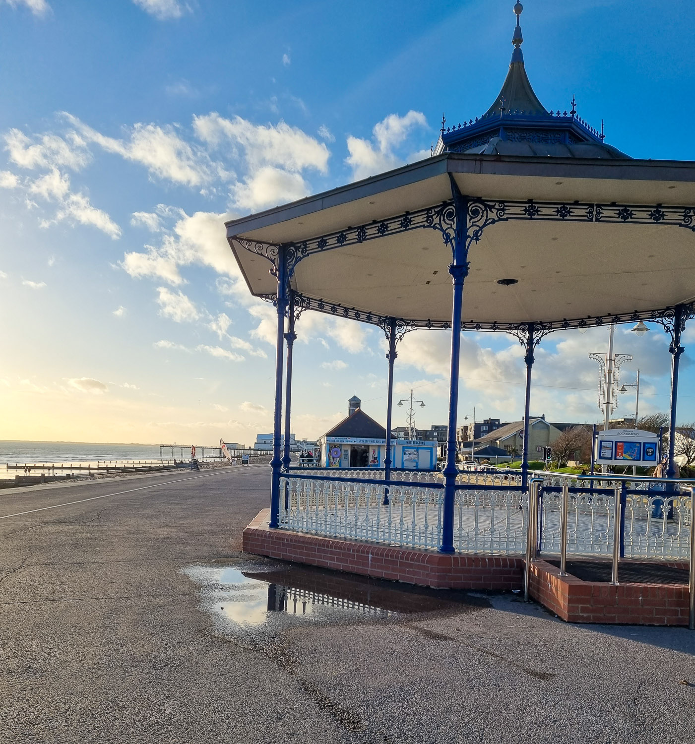View of the bandstand on the seafront at Bognor Regis on a sunny winter's day during a family holiday in west Sussex