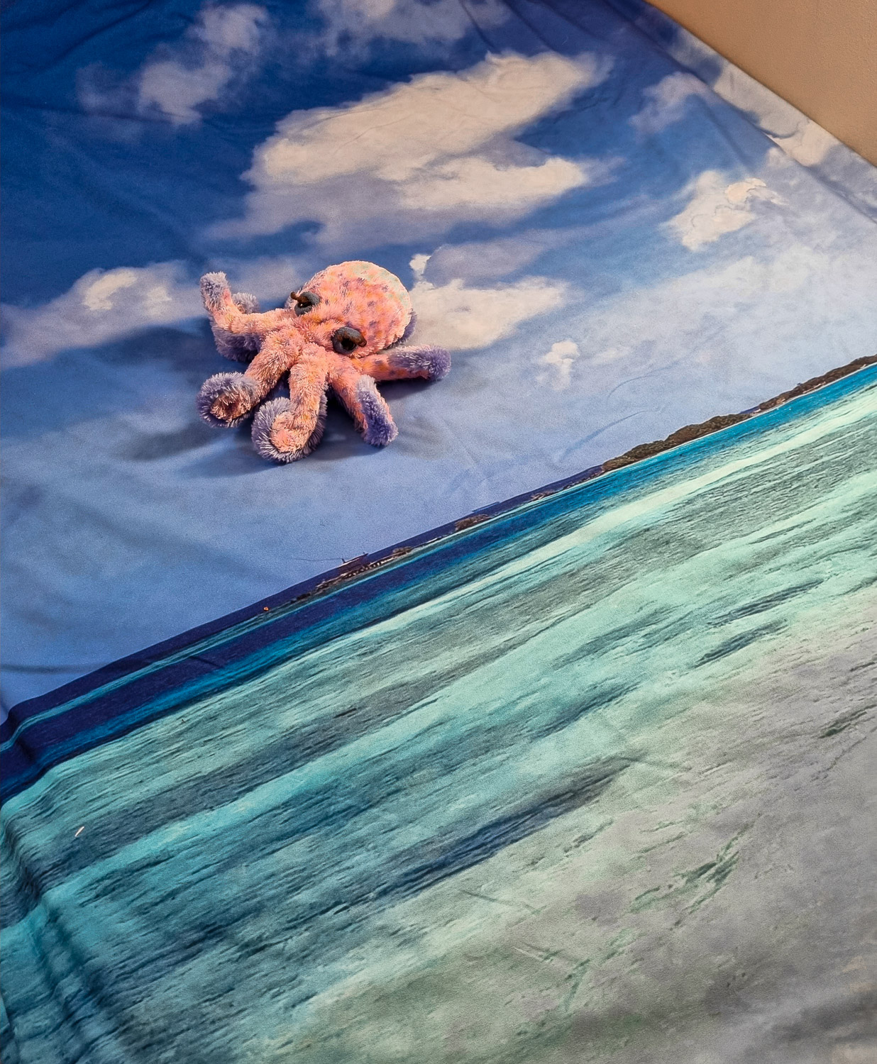 Stuffed toy octopus on a close-up of bedlinen printed with a photo of the Caribbean sea - My Picture review