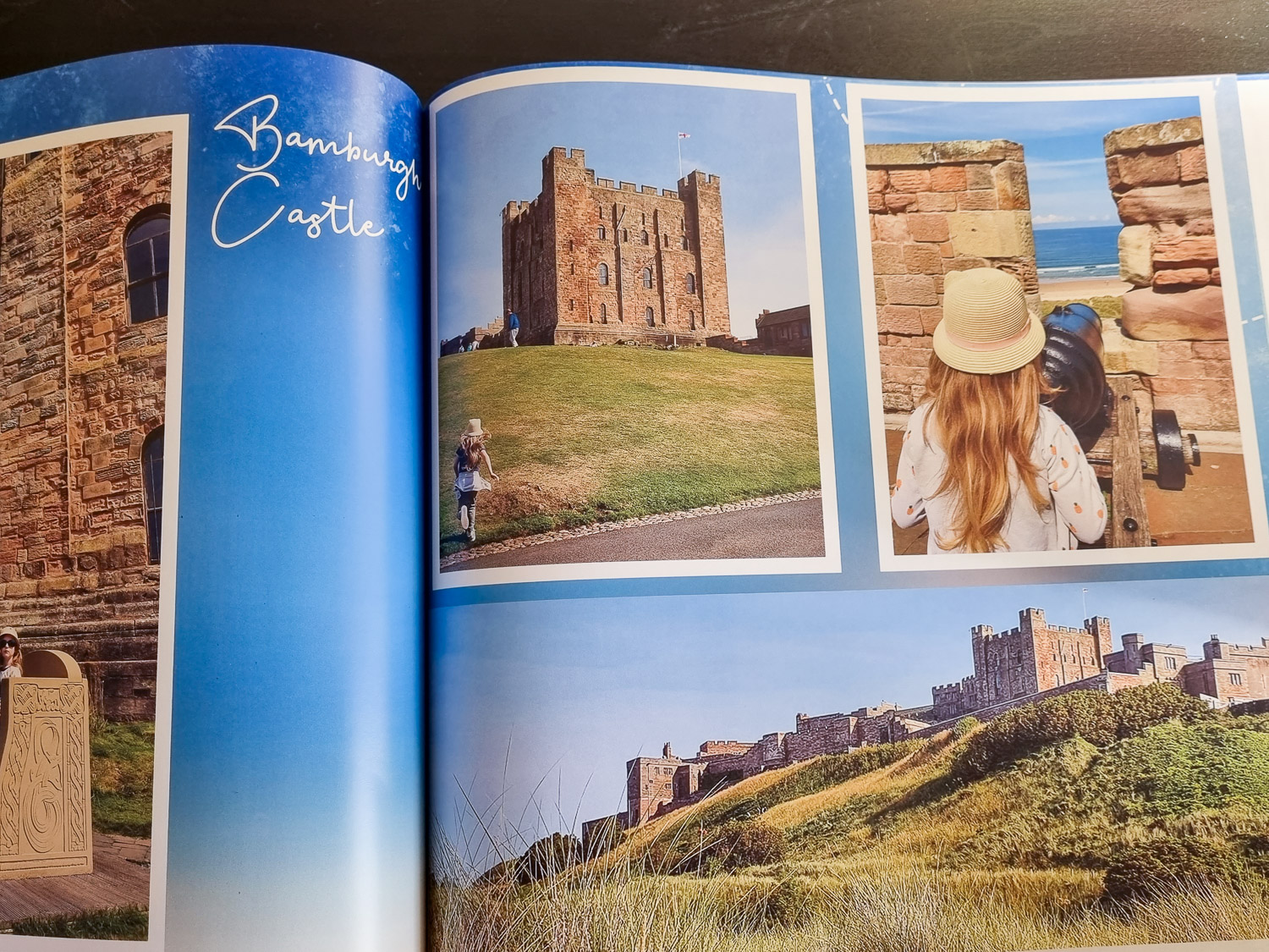 Open photo book showing photos of a family day out at Bamburgh Castle in Northumberland, created as part of my My Picture review of photo printing services