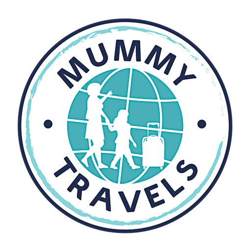 Logo for award-winning family travel blog MummyTravels showing a blue passport stamp-style circle with a turquoise globe and silhouette figures of a woman, child and suitcase and the words MummyTravels around them