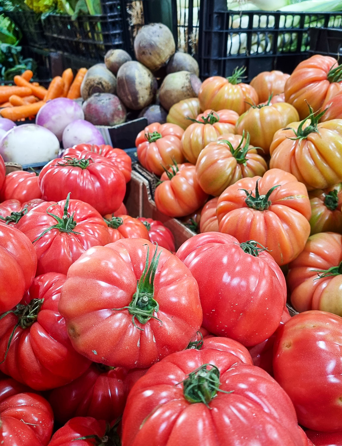 Close-up of red beef tomatoes and purple root vegetables in the background at one of Lisbon's markets - my review of a Lisbon cooking class for families