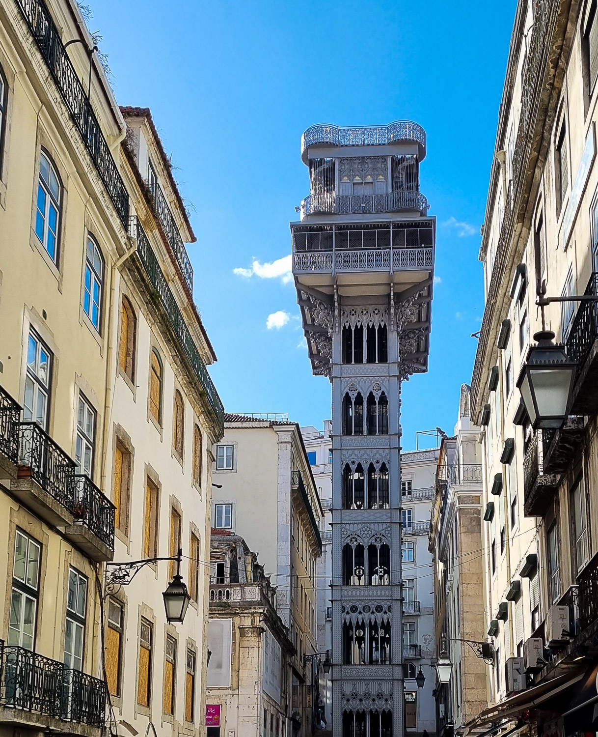 View of the Elevador de Santa Justa, or Santa Justa lift, seen on a sunny day - one of the sights you can spot on a Hippotrip tour of Lisbon