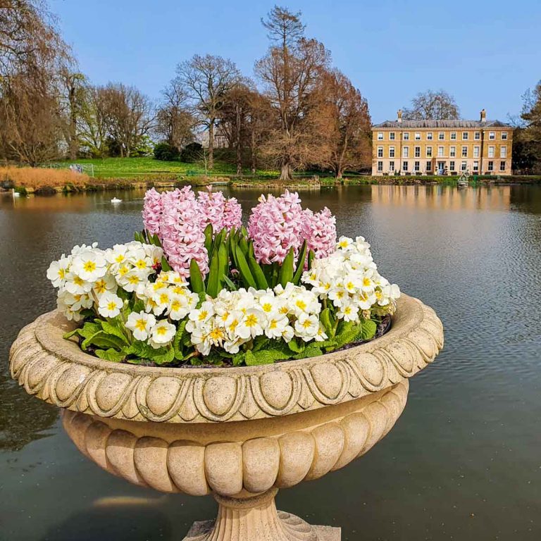 View of flowers in a stone pot looking across the water to an old house at Kew Gardens - our family day out for Easter at Kew Gardens