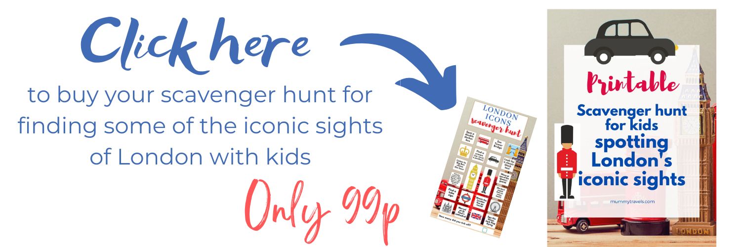 Advert showing an image of a printable scavenger hunt for London's iconic sights and the words 'click here to buy your scavenger hunt for finding some of the iconic sights of London with kids, only 99p'