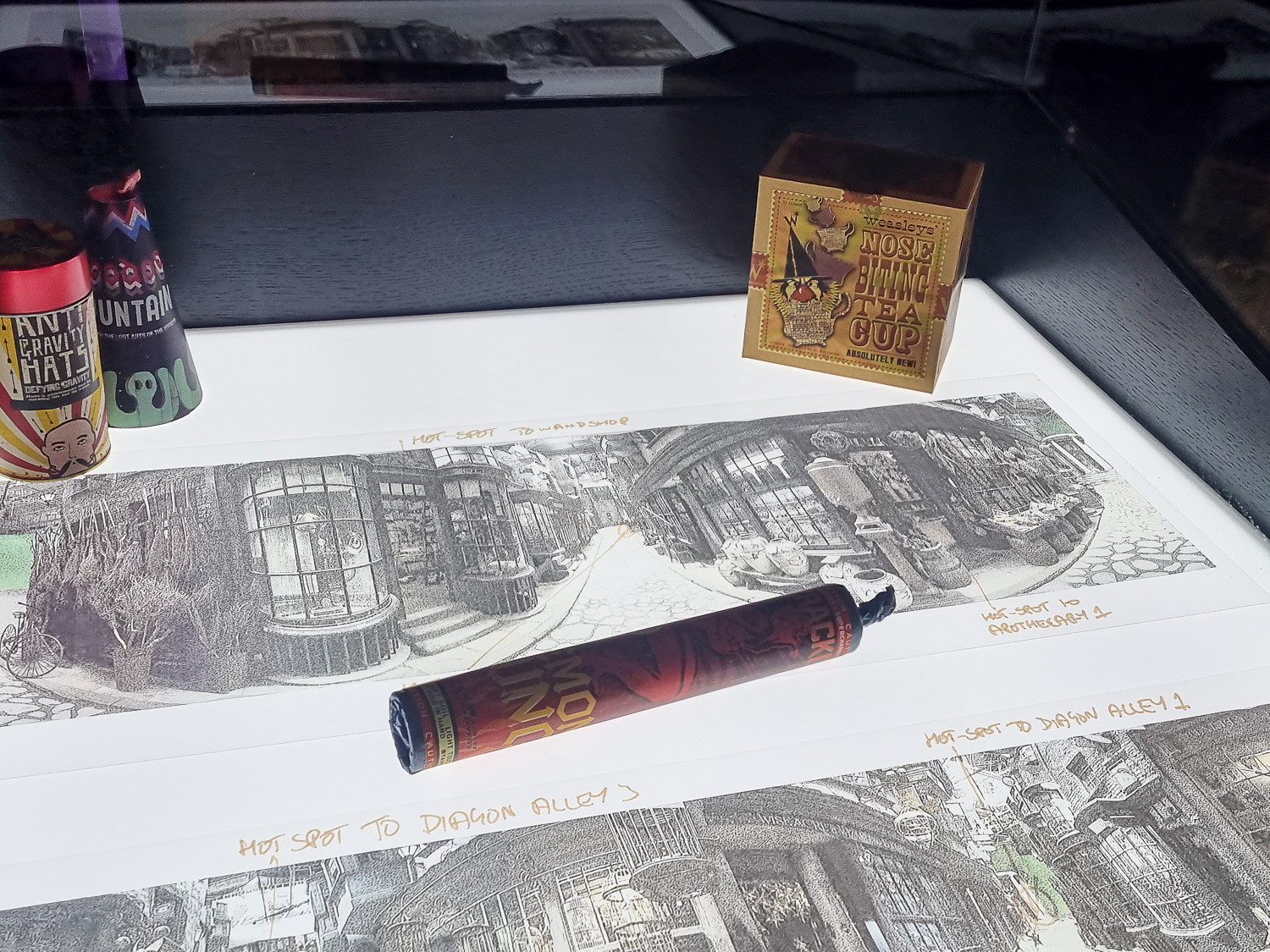 Close up of some of the props designed by House of Mina Lima and sketches of Diagon Alley at London's Harry Potter Photographic Exhibition in Covent Garden - my review of a visit with kids