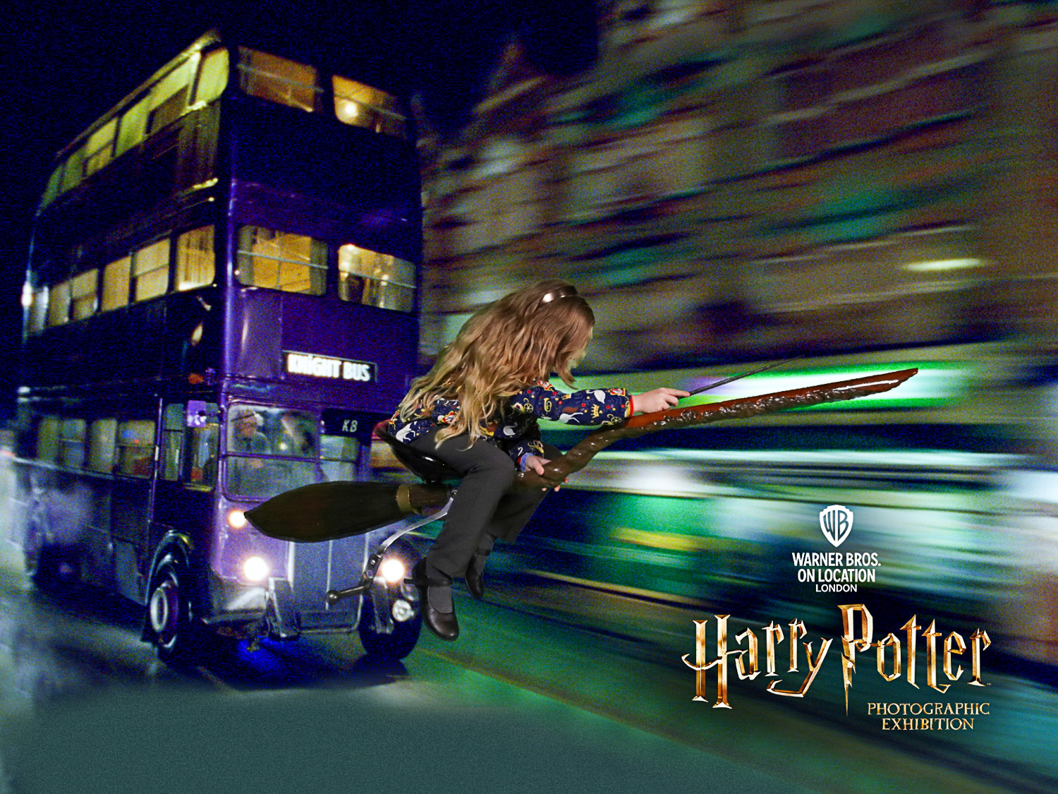Green screen photo of my daughter on a broomstick against the Knight Bus taken at the Harry Potter Photographic Exhibition in London - my review
