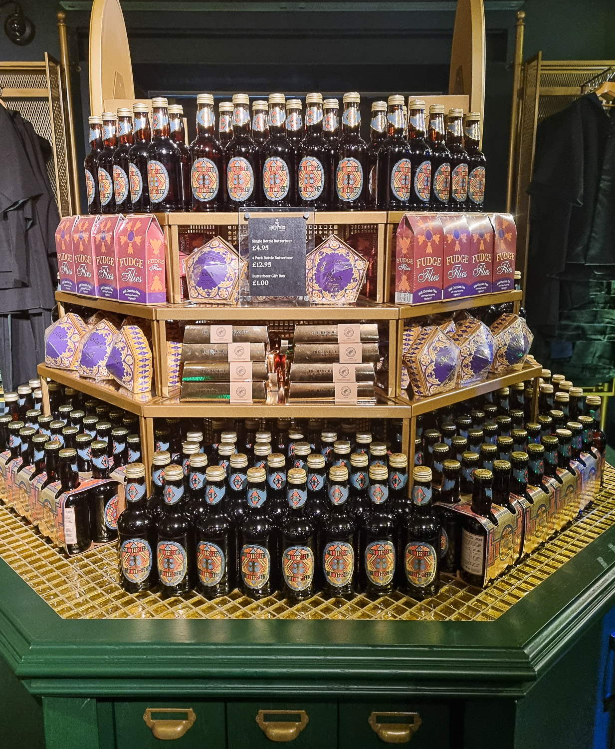 View of bottles of butterbeer as well as fudge flies and chocolate frogs at the shop after the Harry Potter Photographic Exhibition in London