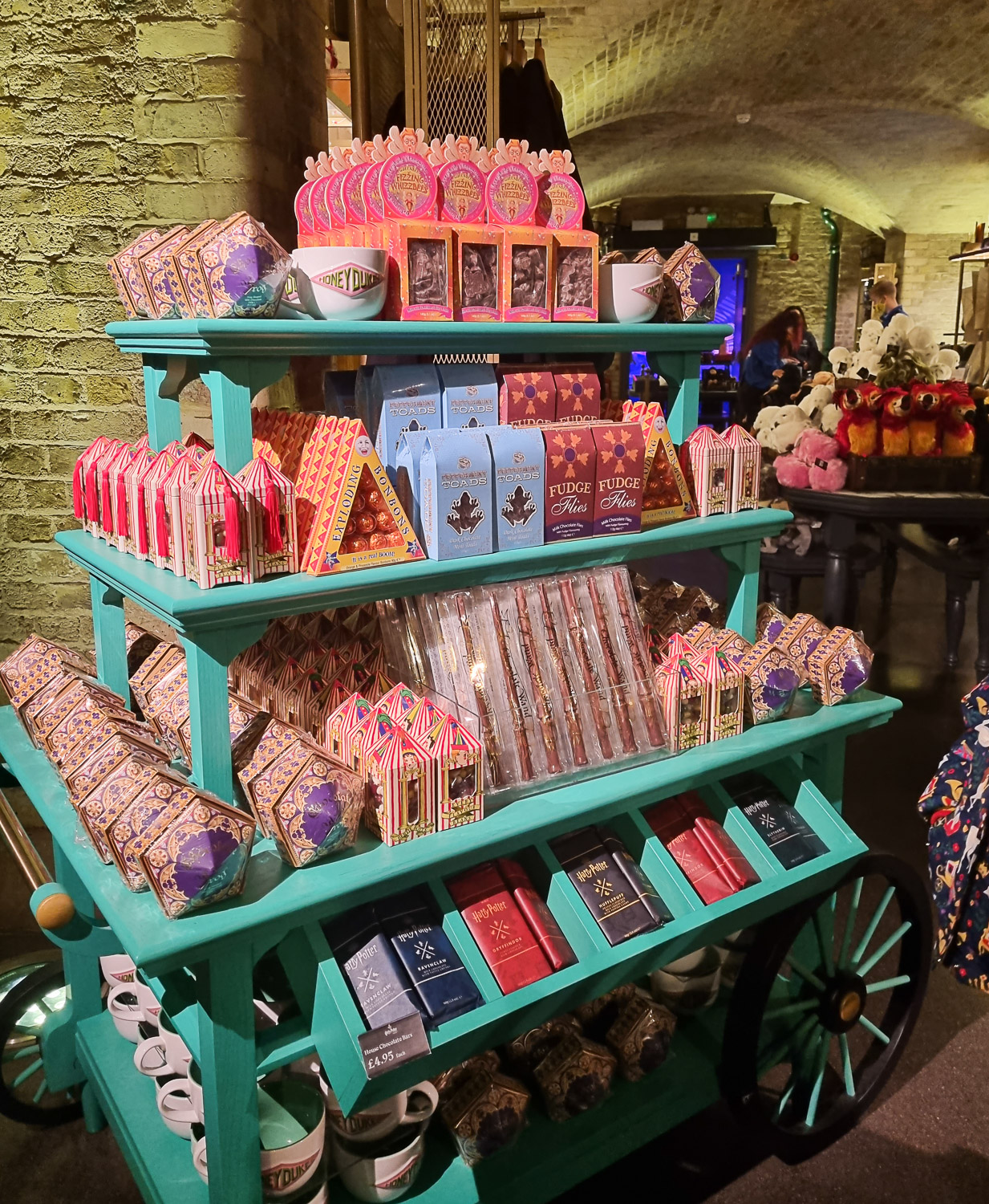 Sweets stacked on display including chocolate frogs, at the shop after the Harry Potter Photo Exhibition in Covent Garden