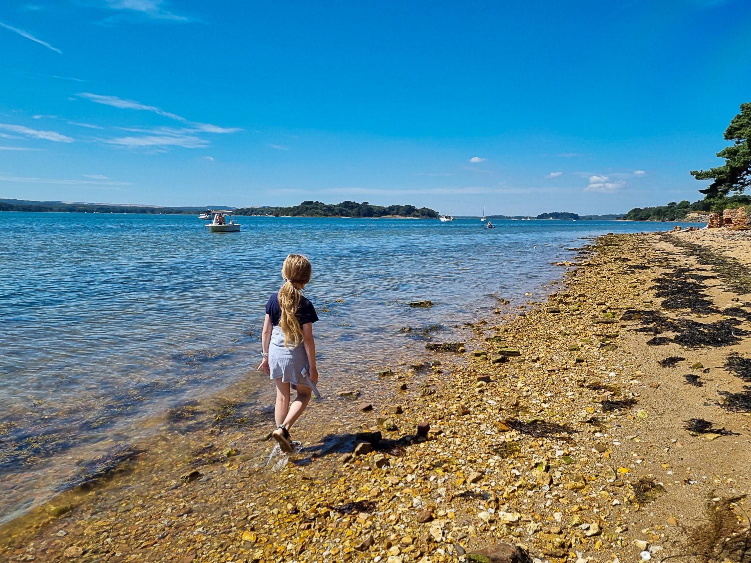 My daughter walks along the rocky shore by the little beach of Brownsea Island in Dorset