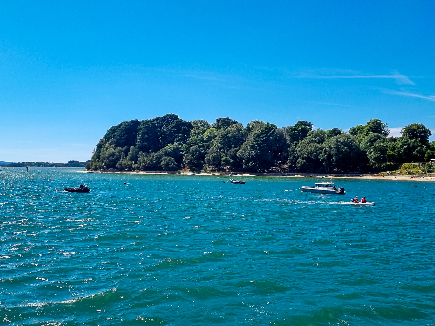 View of Brownsea Island from the sea with trees on the banks and small boats on the water - a day at Brownsea Island with kids begins with a fun ferry trip