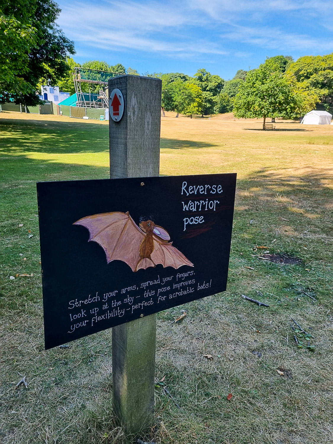 Sign showing a bat in reverse warrior pose, part of one of the National Trust children's trails you can try during a day out on Brownsea Island with kids