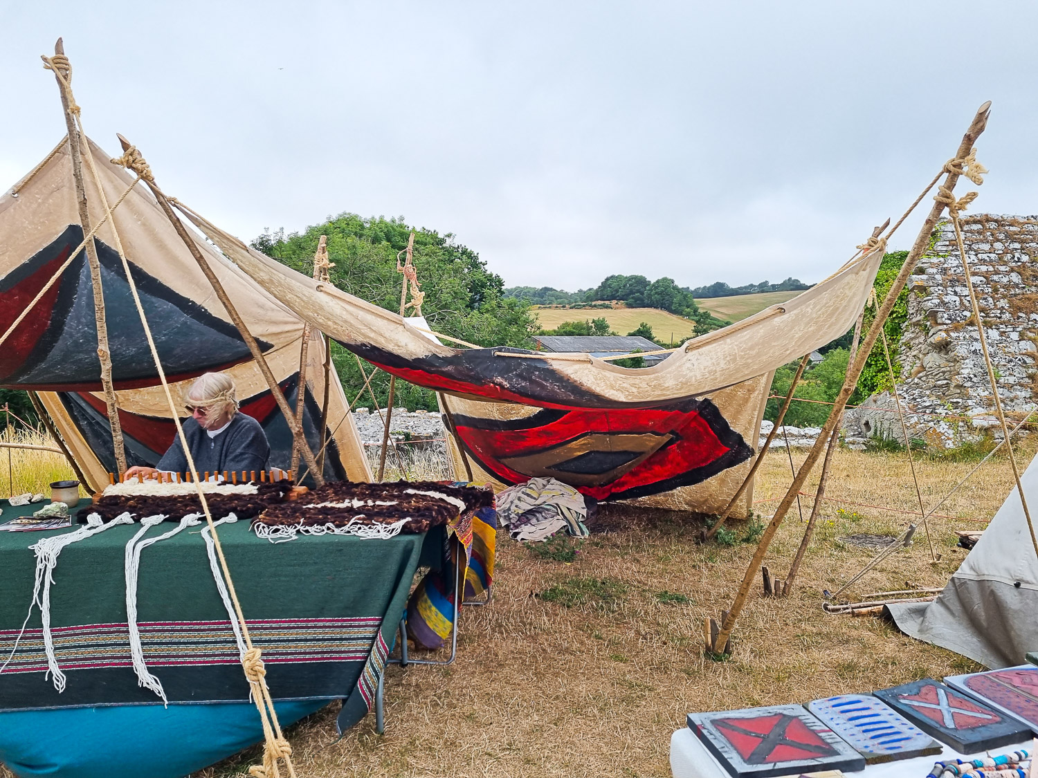 Tent in a medieval village recreated temporarily at Corfe Castle, showing some of the different crafts including weaving -