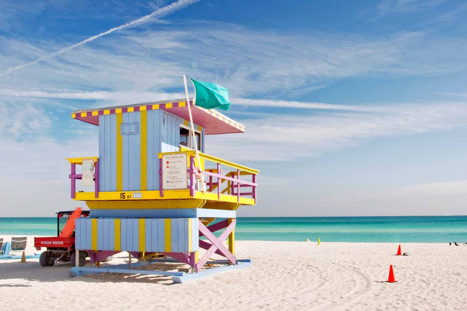 The candy bright colours of a lifeguard hut on Miami Beach - the best things to do in Miami with kids