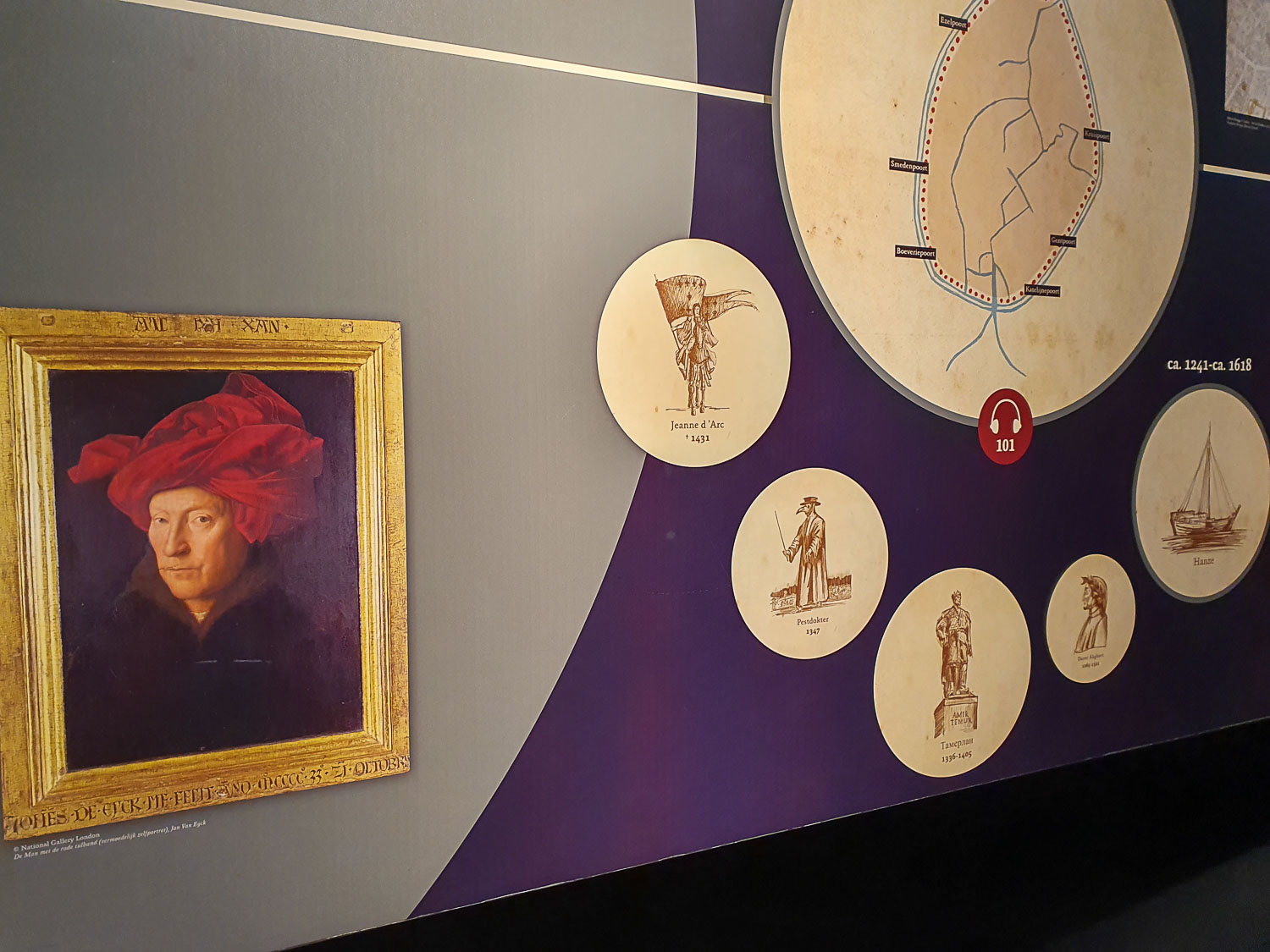 A display about artists and famous figures from history at the Historium in Bruges - one of the best things to do with kids in Bruges to learn more about the city's past