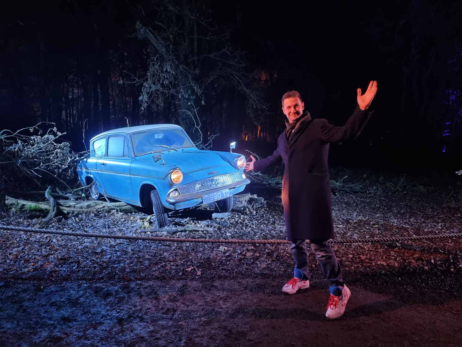 Man with blue Ford Anglia in the woodland at Arley Hall - my Harry Potter Forbidden Forest review of the family attraction in Cheshire