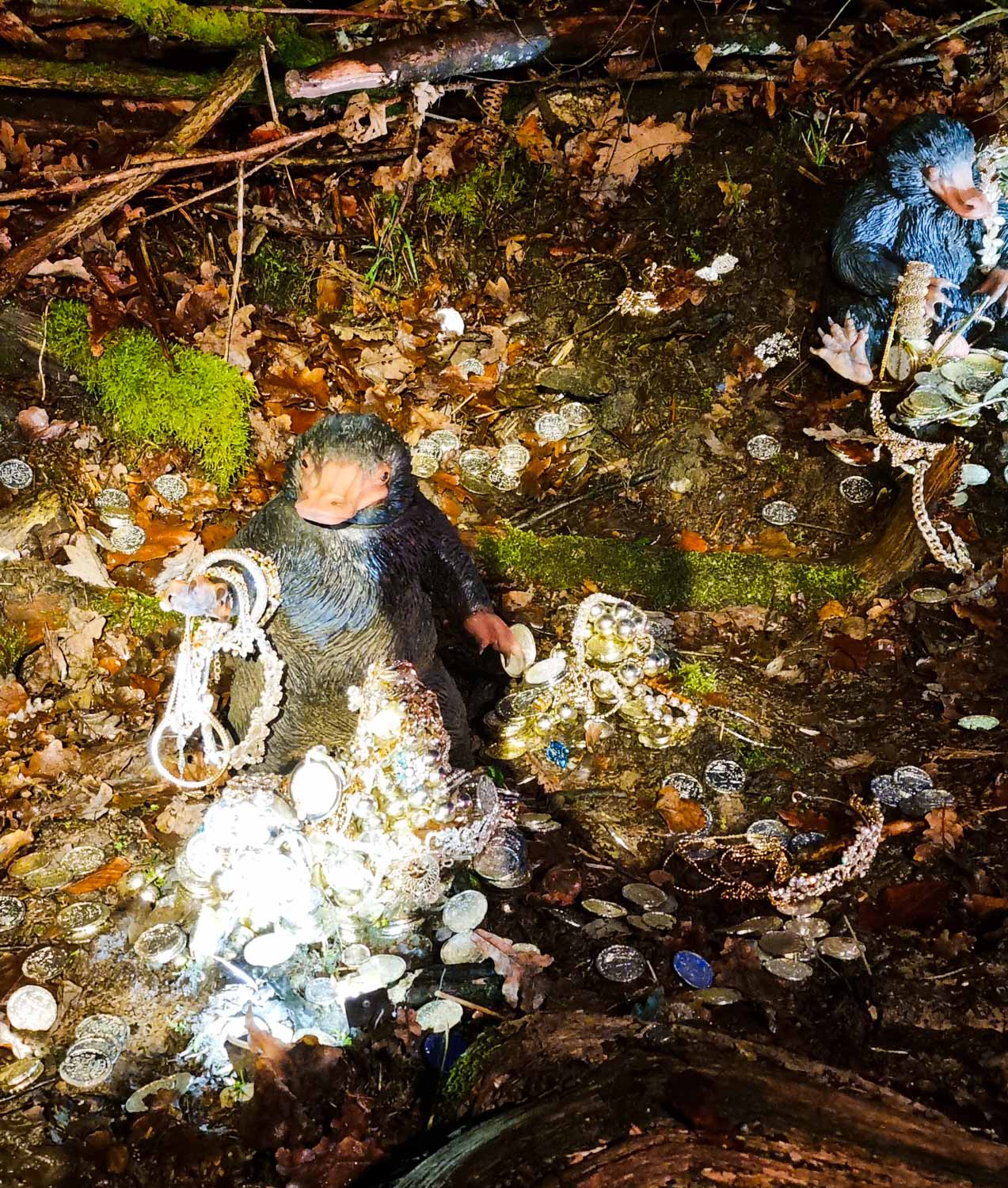 Two nifflers with treasure hoard along the route of the Harry Potter Forbidden Forest Experience in Cheshire - my review
