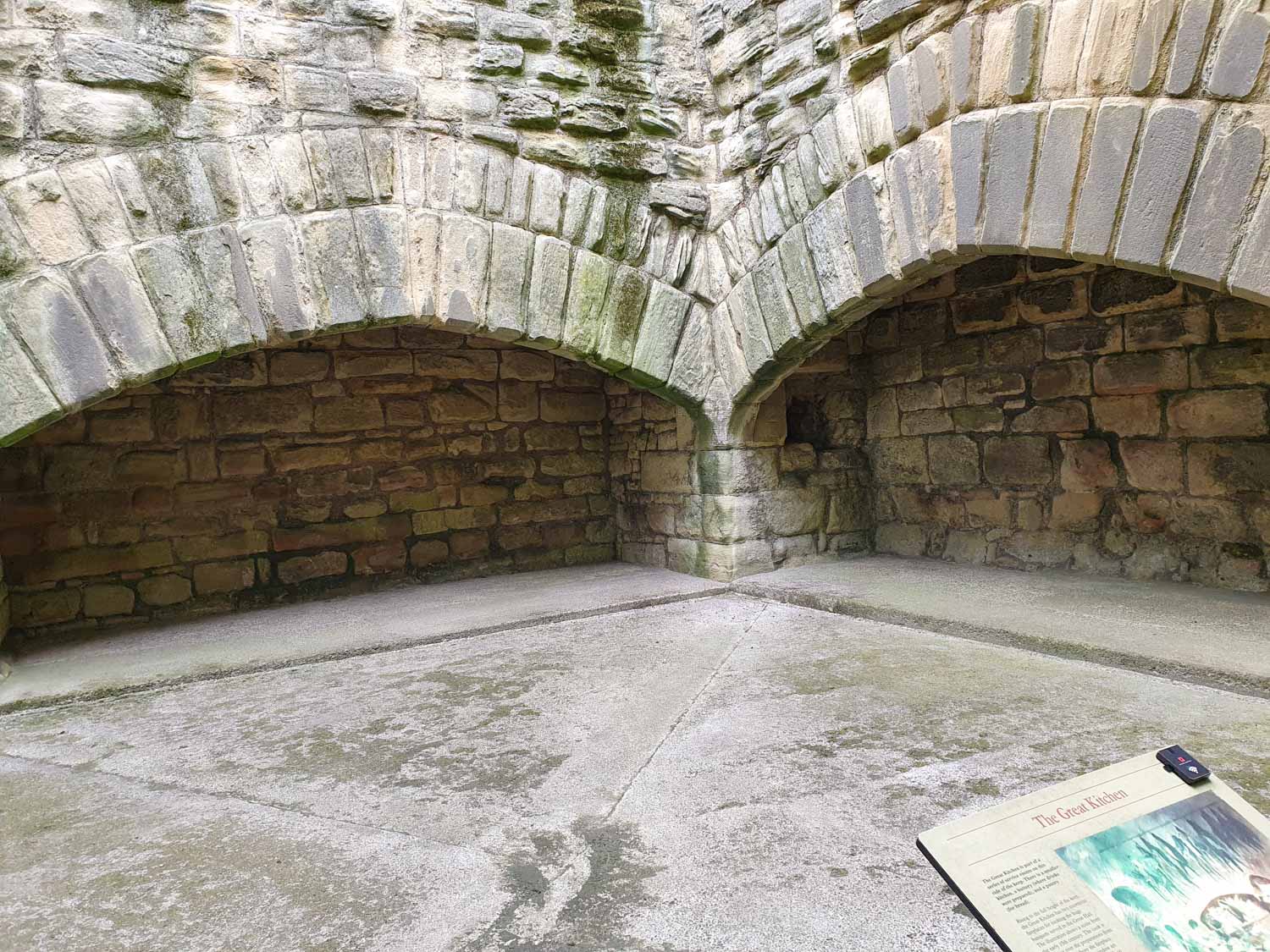 Two giant arched hearths in the Great Kitchen at Warkworth Castle, Northumberland - a visit to Warkworth Castle with kids