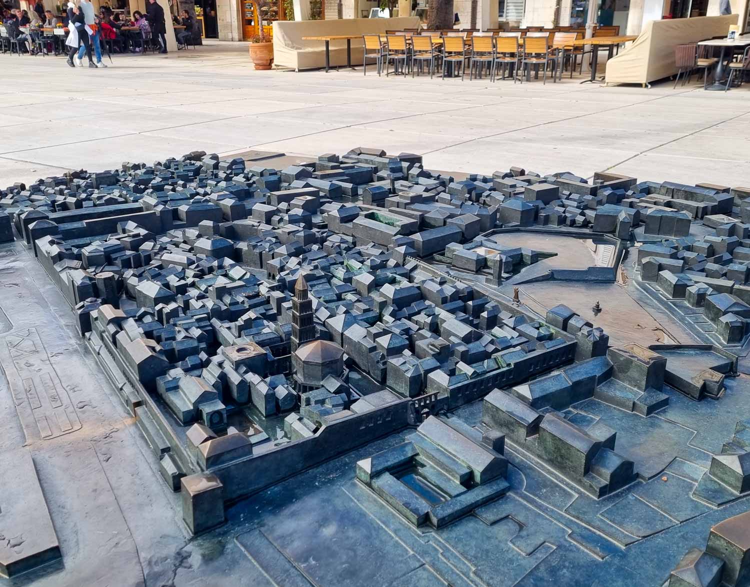 View of the bronze city model of Split on the Riva waterfront - a fun way to spot some of the Old Town landmarks if you're visiting Split with kids