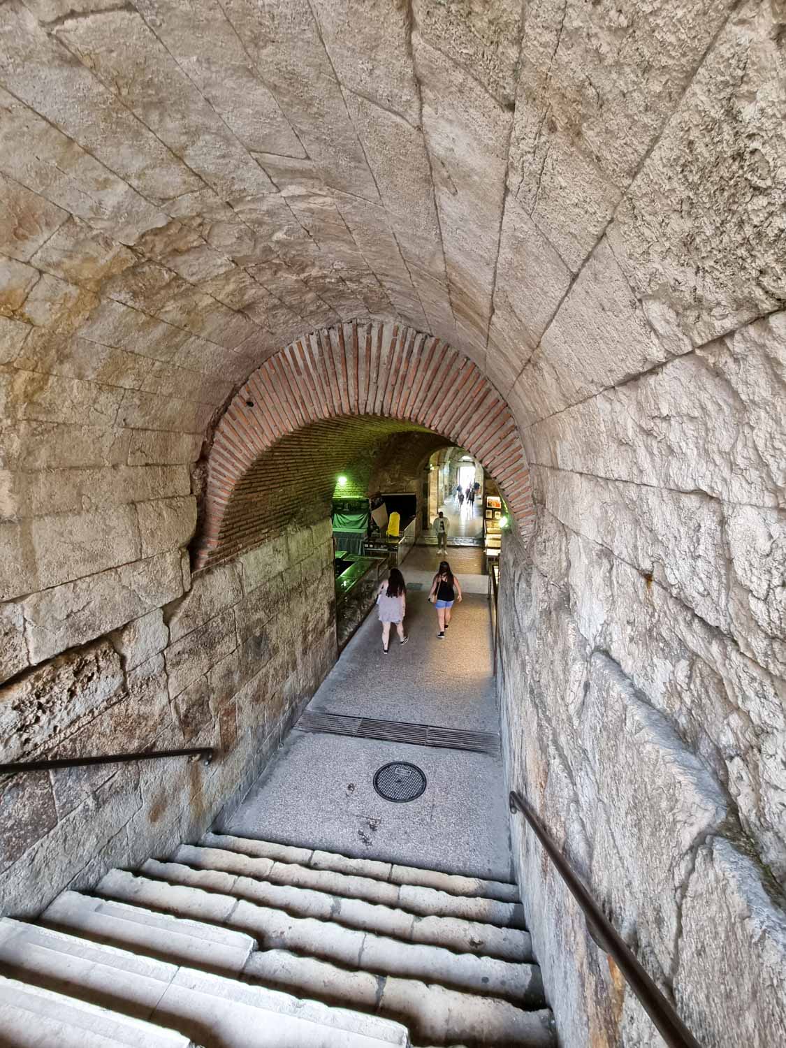 View down the steps towards the vaults under Diocletian's Palace in Split, one of the best places to visit in Split with kids
