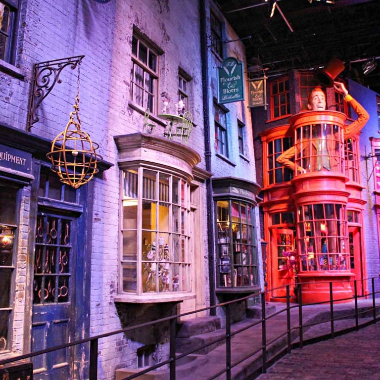 The shops of Diagon Alley at the Warner Bros Harry Potter studio tour - if you're visiting Harry Potter locations in London, you can't miss this