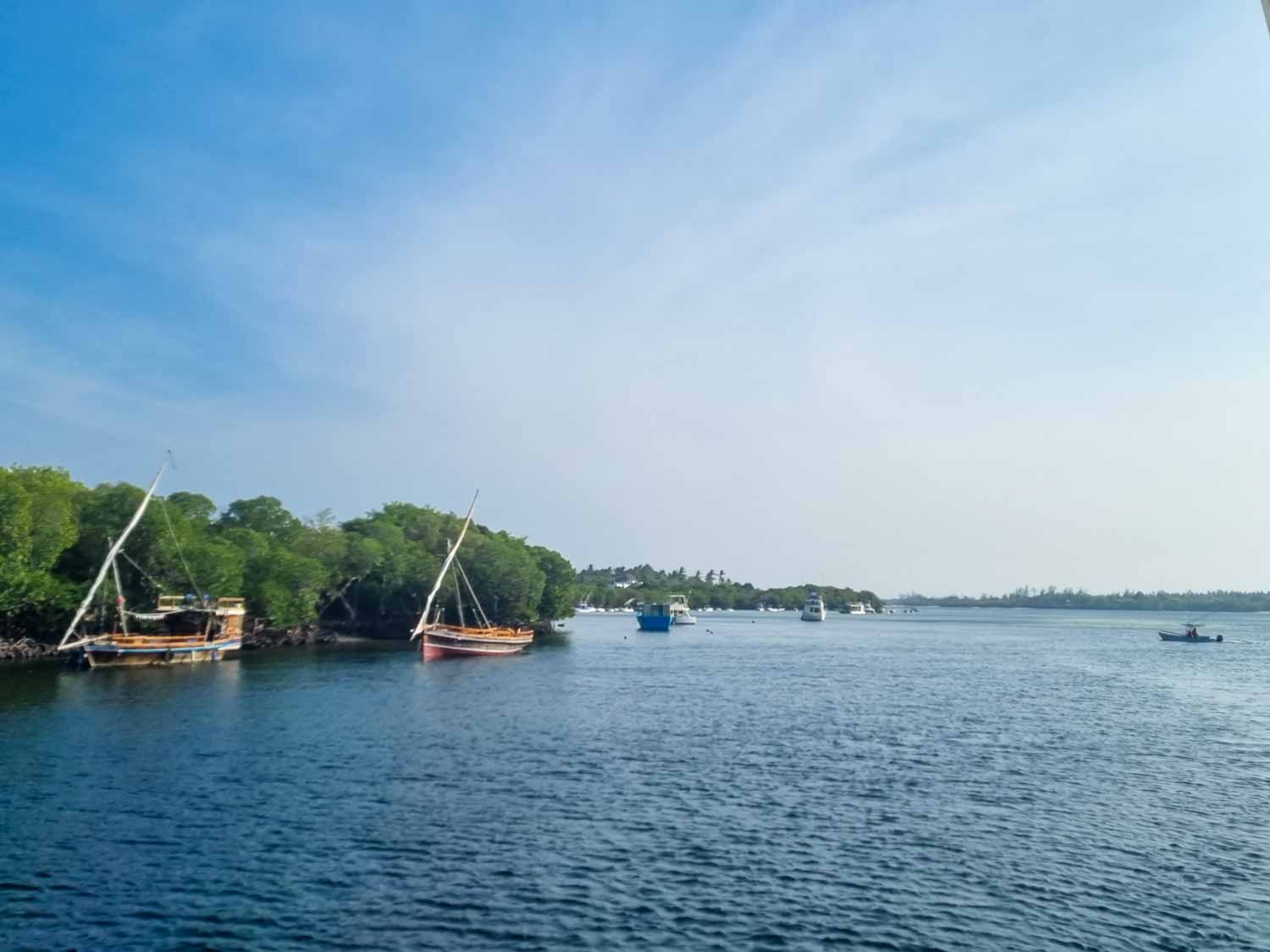 Dhow and other boats on the waters of the creek not far from Watamu, seen during our dhow cruise arranged by Hemingways Watamu - my review