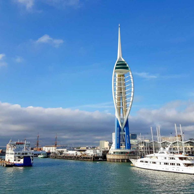View from the water of the Spinnaker Tower on a sunny day against a blue sky - my review of the Spinnaker Tower with kids