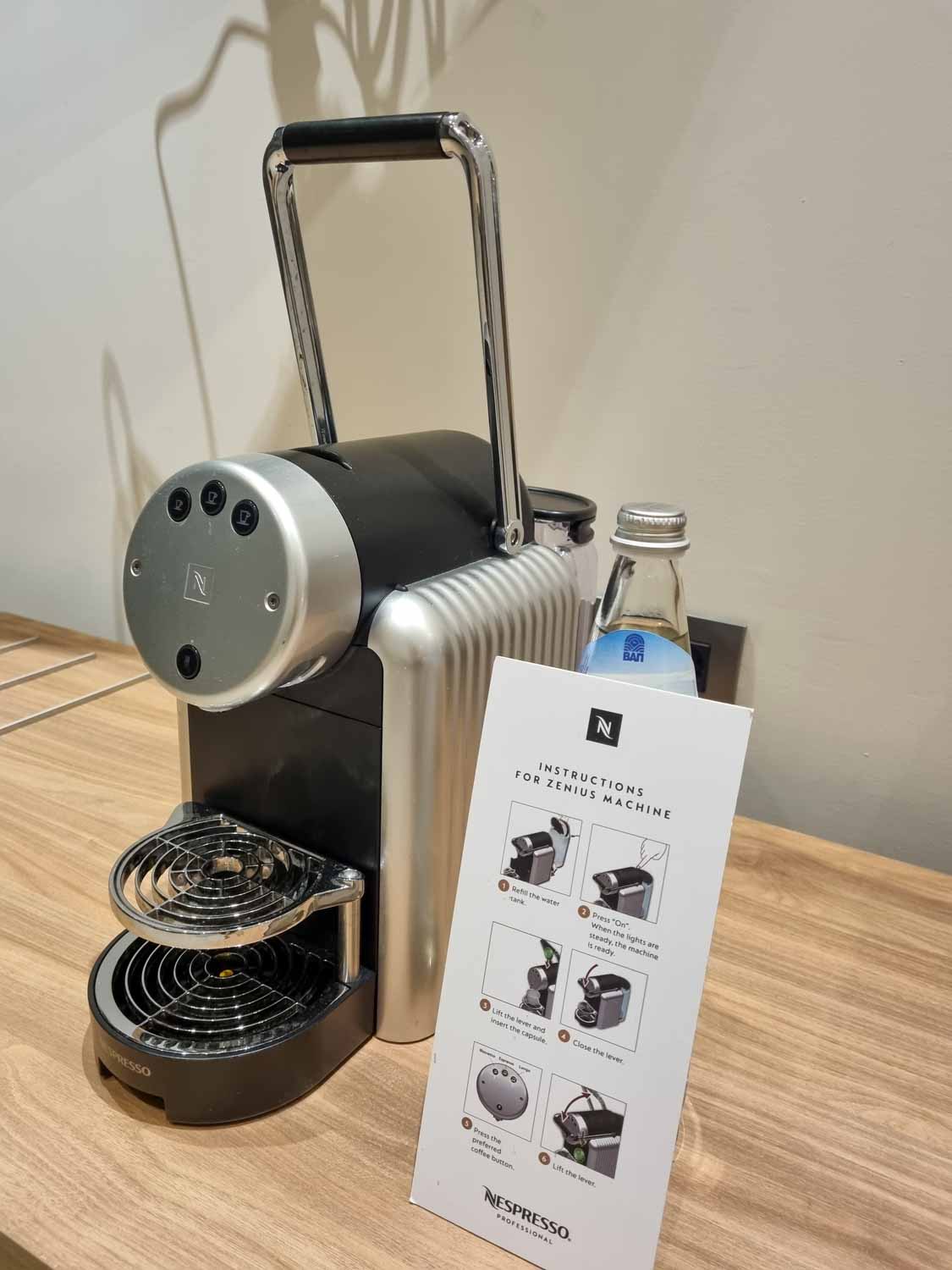 View of the huge Nespresso coffee machine in our Junior suite at Gennadi Grand Resort in Rhodes - my review