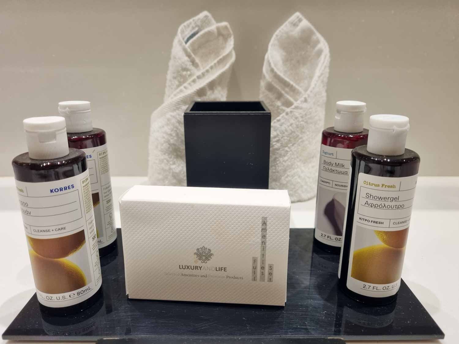 View of small bottles of Korres toiletries in the bathroom at Gennadi Grand Resort in Rhodes - my review