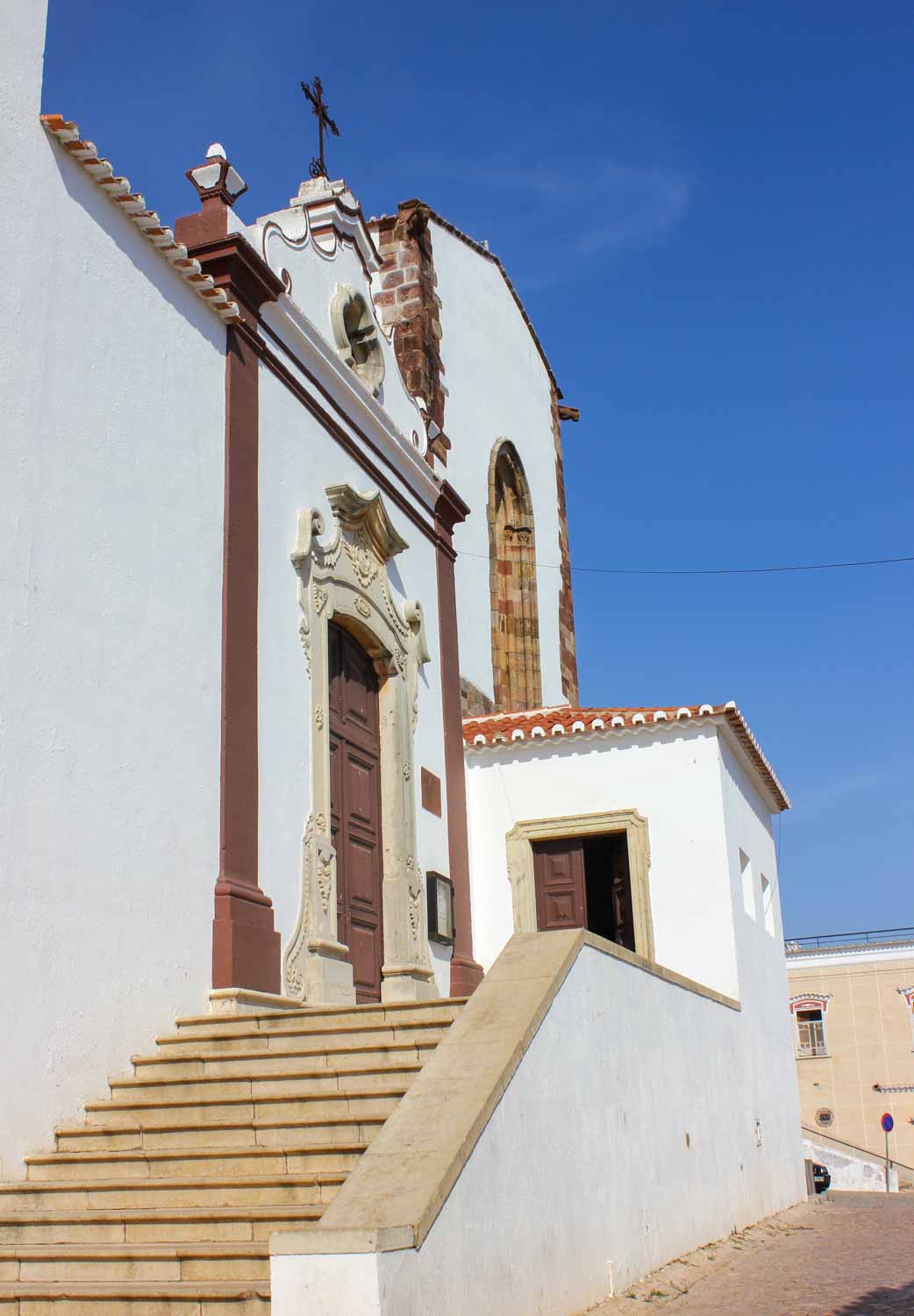 Steps up to the cathedral in Silves - easy to visit alongside the castle during a day out in Silves with kids