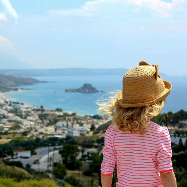 My daughter looks out to the Aegean from the viewpoint in Kefalos old town - with a few days on the island, I found 11 things to do in Kos with kids