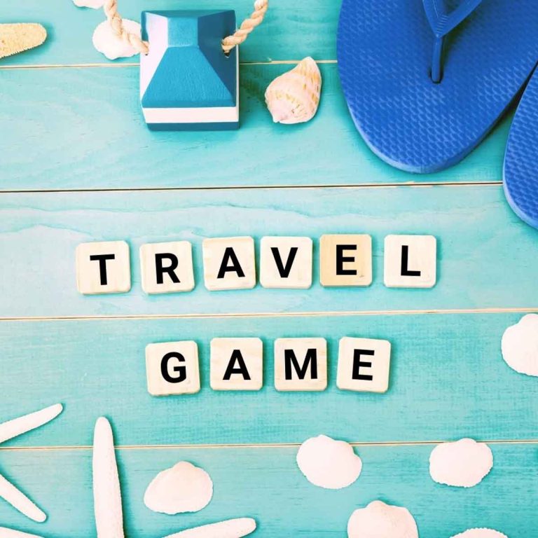 Turquoise background with shells and flipflops plus Scrabble style tiles reading Travel Game - my pick of the best games for travel with kids