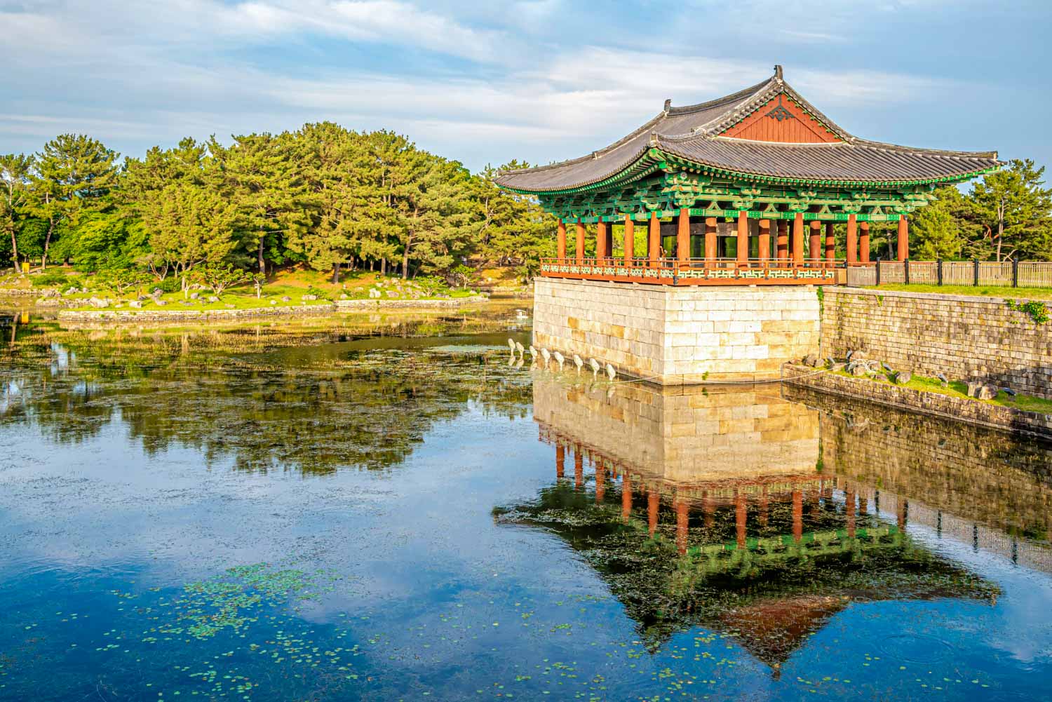 One of the buildings of Donggung palace reflected in the Wolji pond - one of the historic things to see in Gyeongju with kids