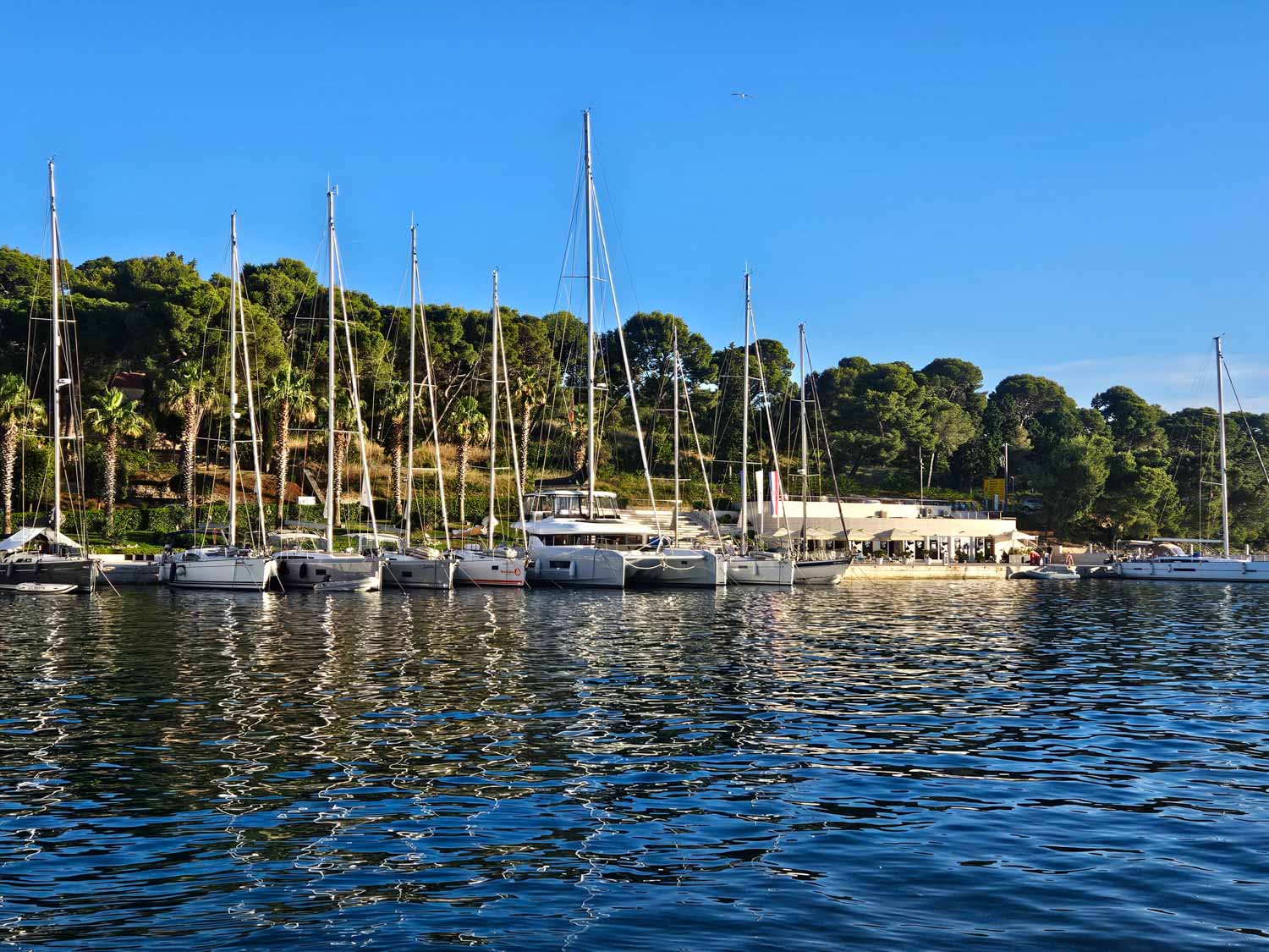 View of boats in the marina at Maslinica on the island of Solta in late afternoon - one of the stops on my Croatia sailing holiday with kids