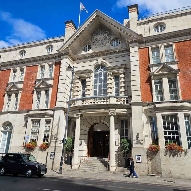 Exterior of the Courthouse Shoreditch hotel, a former magistrates court and police station - my Courthouse Hotel Shoreditch review and why it's great for a visit to London with teens