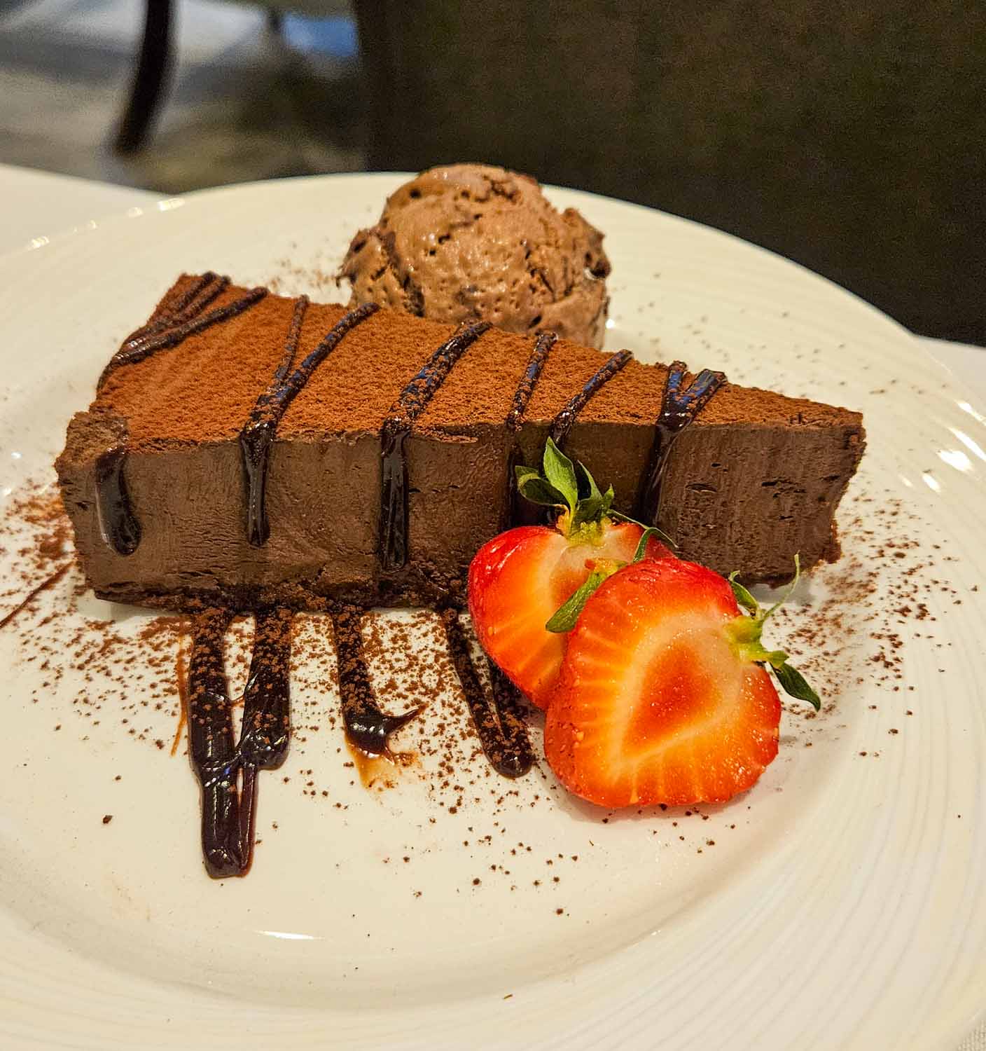 Chocolate marquise mouse cake with ice cream and strawberries at the Jailhouse bar and restaurant - my Courthouse Hotel Shoreditch review