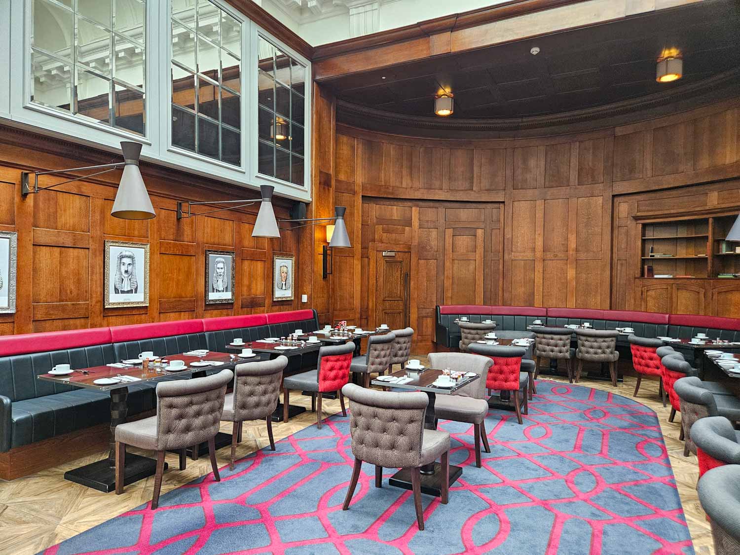 View of the Judge & Jury restaurant set up for breakfast in the old courtroom 2 - my Courthouse Hotel Shoreditch review