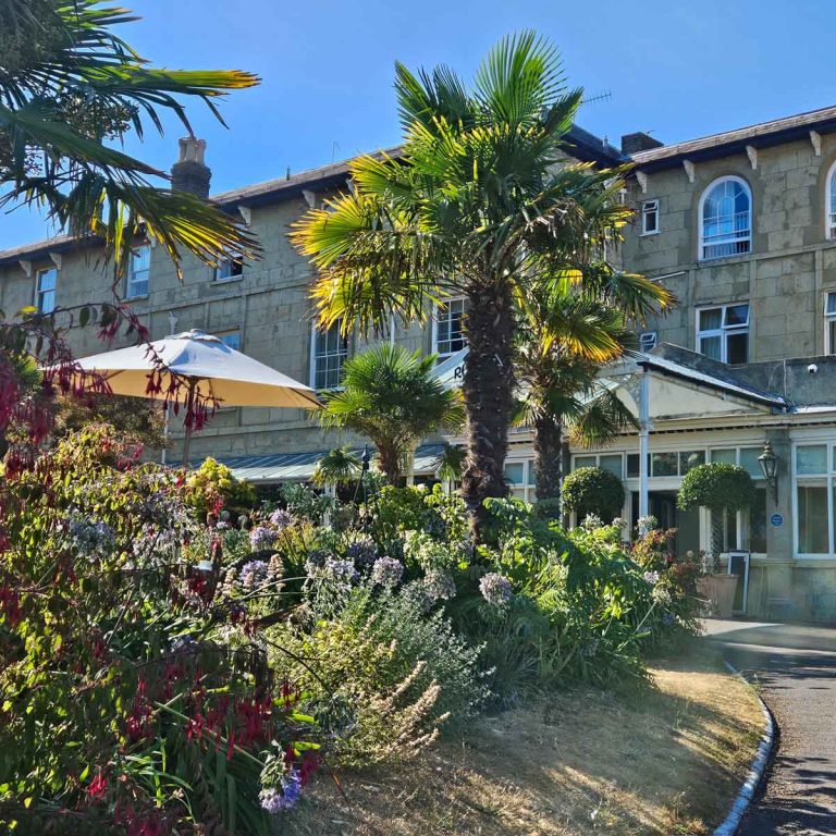 View of the front facade of the hotel seen through palm trees - my review of The Royal Hotel Ventnor with kids